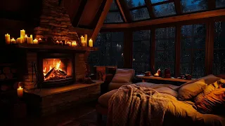 Fall Asleep Quickly in Cozy Cabin Room with Warm Fireplace and Rain on window in the forest