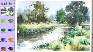 Without Sketch Landscape Watercolor - Peaceful River (color mixing, Arches) NAMIL ART