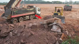 Part 57| Stunning Big Land Filling Operator Bulldozer Pushing Rock, Dump Truck Unloading Rock