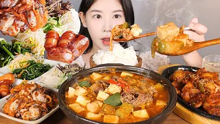 속이 뜨끈해지는🔥구수한 차돌박이청국장과 제육볶음 소세지 각종나물 먹방 Cheonggukjang [eating show] mukbang korean food