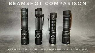 Beamshot Comparison Wurkkos TD04 vs Sofirn SP35T vs Wurkkos TS22 vs Sofirn SC33 Test Range: 30m 100m