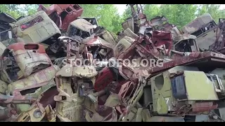 stock video footage - radioactive vehicle graveyard at Rossokha near Chernobyl