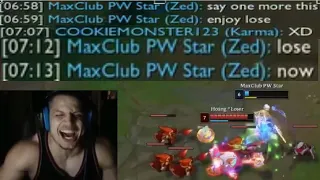 Zed runs it down in TYLER1's game for typing "XD"