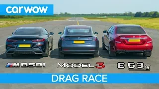 BMW M850i vs Tesla Model 3 vs Mercedes-AMG E63 S - DRAG RACE, ROLLING RACE & BRAKE TEST