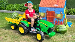 Sofia and Max pick vegetables on the farm and ride on children's toy tractor