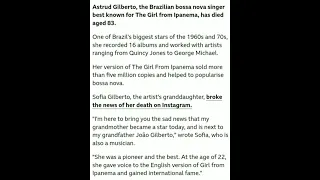 Astrud Gilberto: The Girl from Ipanema singer dies at 83/ N&N News