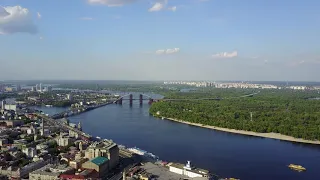 Kiev Ukraine, Dnieper Днiпро Dnipro Dnepr River, Drone Shot Birds Eye View Filmed Summer 2017
