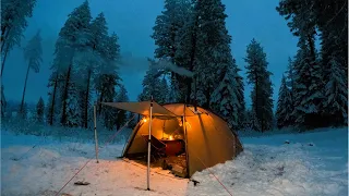 Winter Hot Tent Camping in Snow and Wind Storm