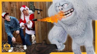 Giant Christmas Snow Monster Battles Aaron & LB the FunQuesters with Surprise Flame Thrower!