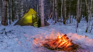 Winter Hot Tent Camping in Snowy Forest