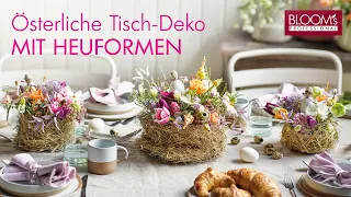 Frühlingsfrische Oster-Tischdeko mit akzentsetzenden Heuformen | BLOOM's Floristik | Osterfloristik