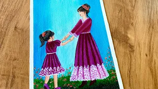 Mother's Day Painting/ Happy Mother's Day Drawing/ Mother with Daughter Painting/ Acrylic Painting