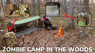 Solo Overnight Building an Apocalyptic Zombie Camp in The Woods and Bacon Bean Stew