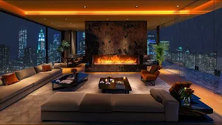 Penthouse Apartment Overlooking the City at Night 🌃 Gentle Saxophone Jazz Music & Sounds of Rain