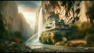 Daylight Nature,ASMR,Ambiance The View of a House next to a rocky Waterfall,near a cave,rainbow,AFG5