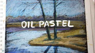 Осенний пейзаж масляной пастелью Сонет | Быстрый скетч реки | Oil pastel