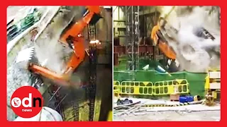 Shocking Moment Excavator Plunges Down Ventilation Shaft in Hong Kong