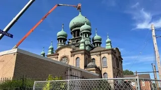 Crews working at St. Theodosius Orthodox Cathedral in Tremont following recent fire