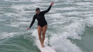 Arrawarra and Emerald Beach Womans 9ft+ Longboard Surfing Australia. Free fun soul surfing.