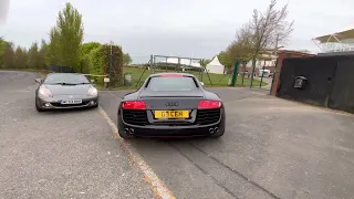 Audi R8 V8 manual coupe Top Gear F1 exhaust drive-by at Goodwood.