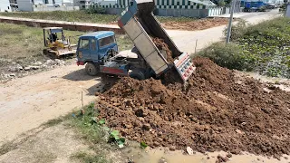 Best Incredible Nice Action ,Bulldozer D20P Push Dirt and 5Ton Truck Unloading Dirt Making Long Road