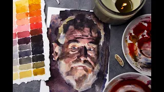 Watercolor painting time lapse of an old man with Zorn palette