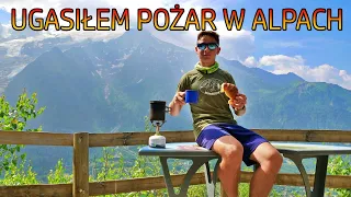 Śniadanie z widokiem na Mont Blanc, biwak we francuskich Alpach, pożar