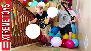 Moving Day Madness! Cardboard Box Balloon Slide Nerf Blast!