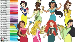 Disney Princess Coloring Book Compilation as Mermaids Ariel Tiana Belle Merida Mulan Jasmine Elena