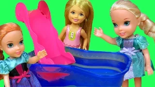 POOL Fun ! ELSA & ANNA toddlers & Chelsea slide Shopkins in the water! Splash Swim Play !