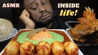 Mukbang Asmr Chicken Head,Okro Stew,Salmon Fish,Spicy Egg & Amala/African mukbang/blackinjapan