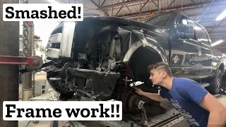 Rebuilding A Smashed Ford F350 Platinum! Pulling the FRAME And Making It Look OEM!!!