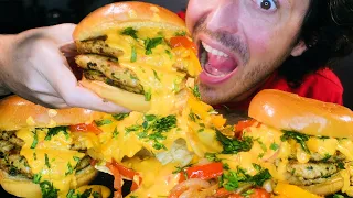 ASMR EATING MESSY NACHO CHEESE BURGERS ! * food sounds no talking mukbang *