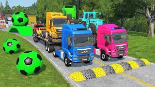 Double Flatbed Trailer Truck vs Speedbumps Train vs Cars | Tractor vs Train Beamng.Drive 033