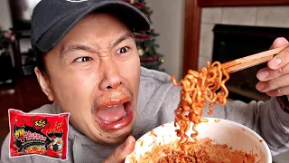 NUCLEAR FIRE NOODLES CHALLENGE! 2X SPICY KOREAN FIRE NOODLE!! 불닭 볶음면 도전