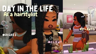 ♡  DAY IN THE LIFE AS A HAIRSTYLIST ♡  | BLOXBURG ROLEPLAY | 🎧💇🏽‍♀️