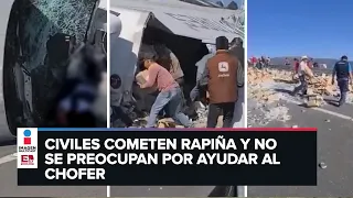 Saquean tráiler volcado en Veracruz mientras agoniza conductor a raíz del accidente