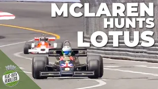 Classic F1 battle! McLaren M26 hunts Lotus 77 around the streets of Monaco
