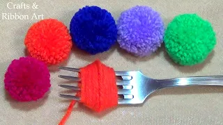 Super Easy Pom Pom Making Ideas with Fork - Hand Embroidery Amazing Trick- Easy Woolen Flower Making