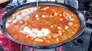 Cooking Two Giant Spanish Paellas. Seafood and Chicken. Street Food of Brick Lane, London