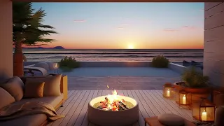 Cozy Beach Cottage Terrace in Summer Ambience with Relaxing Sea Waves, Crickets & Fireplace Sounds