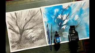 Lois' Simple INK & Salt Watercolor Landscape Experiments Painting Tutorial Watercolour demo