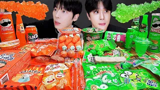 ASMR MUKBANG | GALAXY HONEY JELLY CANDY Desserts ( Orange VS Green Food, Noodles Jelly, Ice cream)