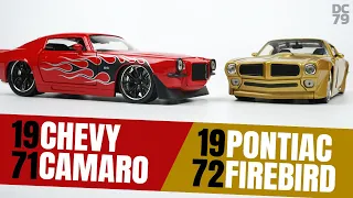 Chevrolet Camaro 1971 vs Pontiac Firebird 1972. Diecast car 1/24 by Jada.