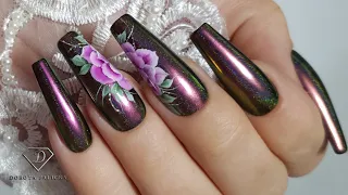 Chameleon chrome nails with one stroke acrylic paints flowers. Floral nail art
