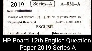 HP Board +2 Class English Question Paper 2019 Series-C | HP Board 12th English Question Paper