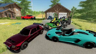 Millionaire using race car to buy lawn mowers | Farming Simulator 22