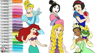 Disney Princess Coloring Book Page Compilation Rapunzel Cinderella Snow White Tiana Ariel and Mulan