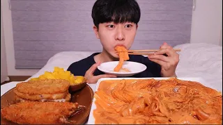 맛있다...배떡 로제떡볶이 (분모자당면ㆍ중국당면) 바삭한 새우튀김 해쉬브라운 먹방 ! ! ㆍMUKBANG ASMR Rose Tteokbokki Fried Shrimp Eating