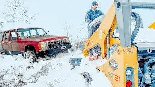 WE ALMOST GAVE UP! 1 Frozen Skid Loader & 2 Trucks With Matt's Off Road Recovery + Trail Mater